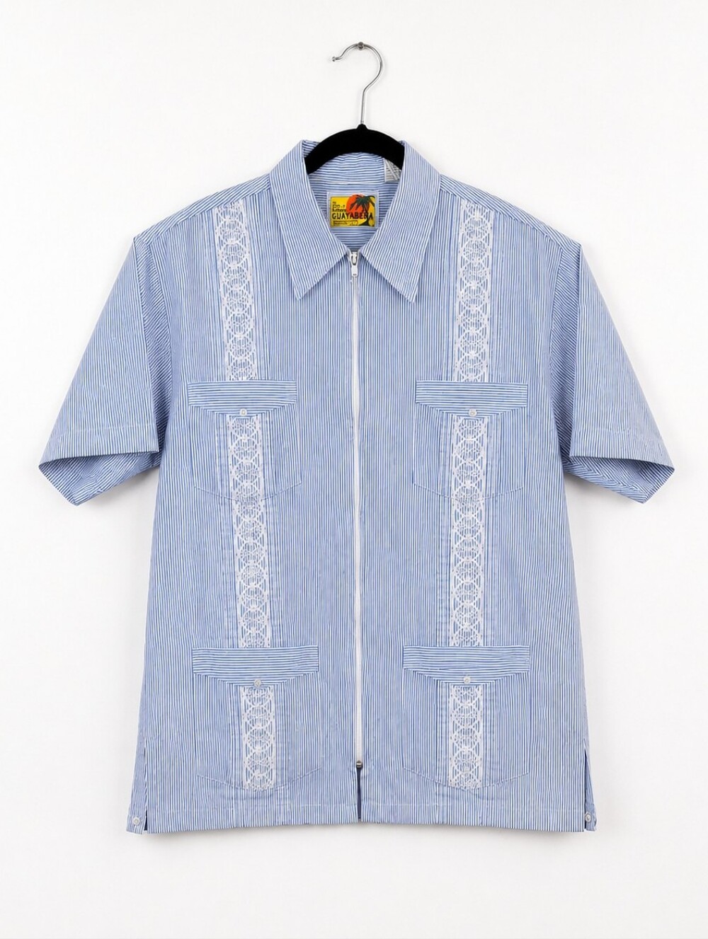 Vintage Haband Guayabera Camp Shirt Cuban Striped Zip Embroidered Retro Large